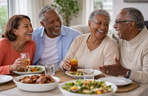 Seniors enjoying a shared meal and conversation
