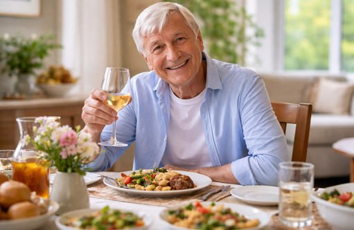 Senior man enjoying a meal at assisted living