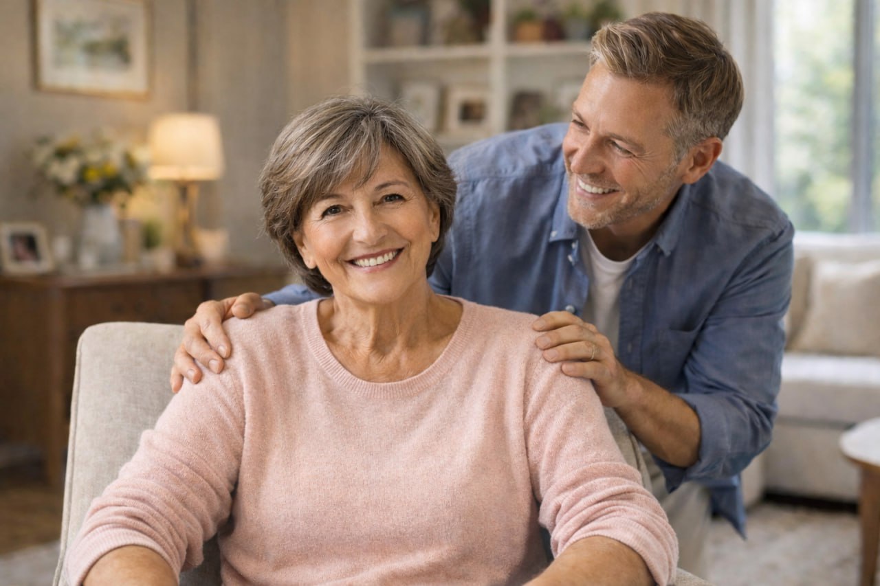 Senior woman with supportive adult child planning transition to senior living